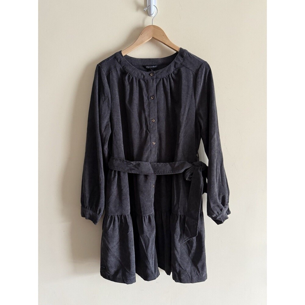 Simply Southern Size L Gray Corduroy Belted Button Down‎ Dress Boho Country Girl